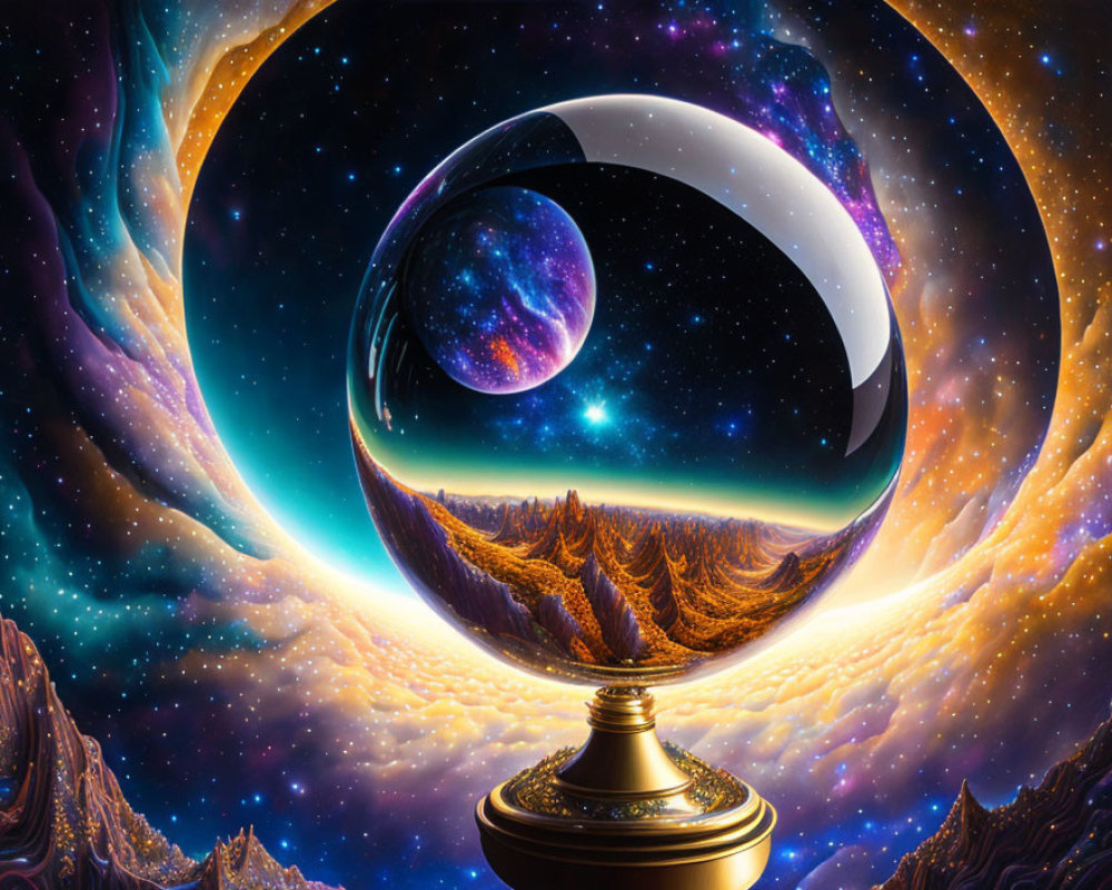 Surreal cosmic landscape with reflective sphere and crescent moon illusion