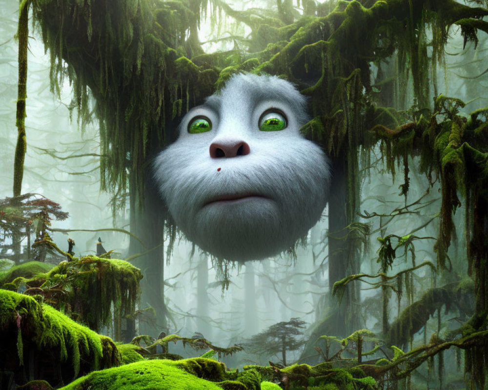 Animated yeti face in misty, moss-covered forest with wide green eyes