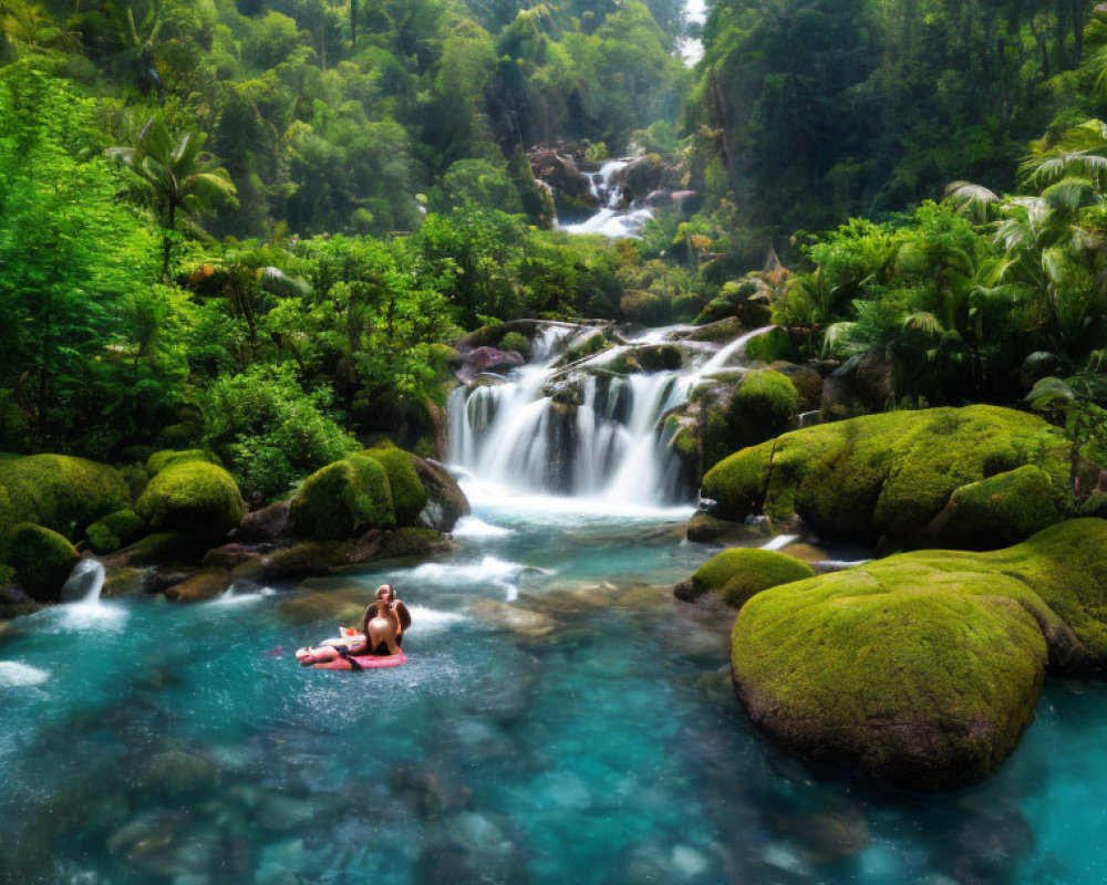 Tranquil Tropical Waterfall with Person Relaxing in Blue Pool