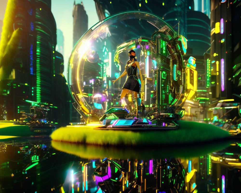 Futuristic glass pod in neon-lit sci-fi cityscape