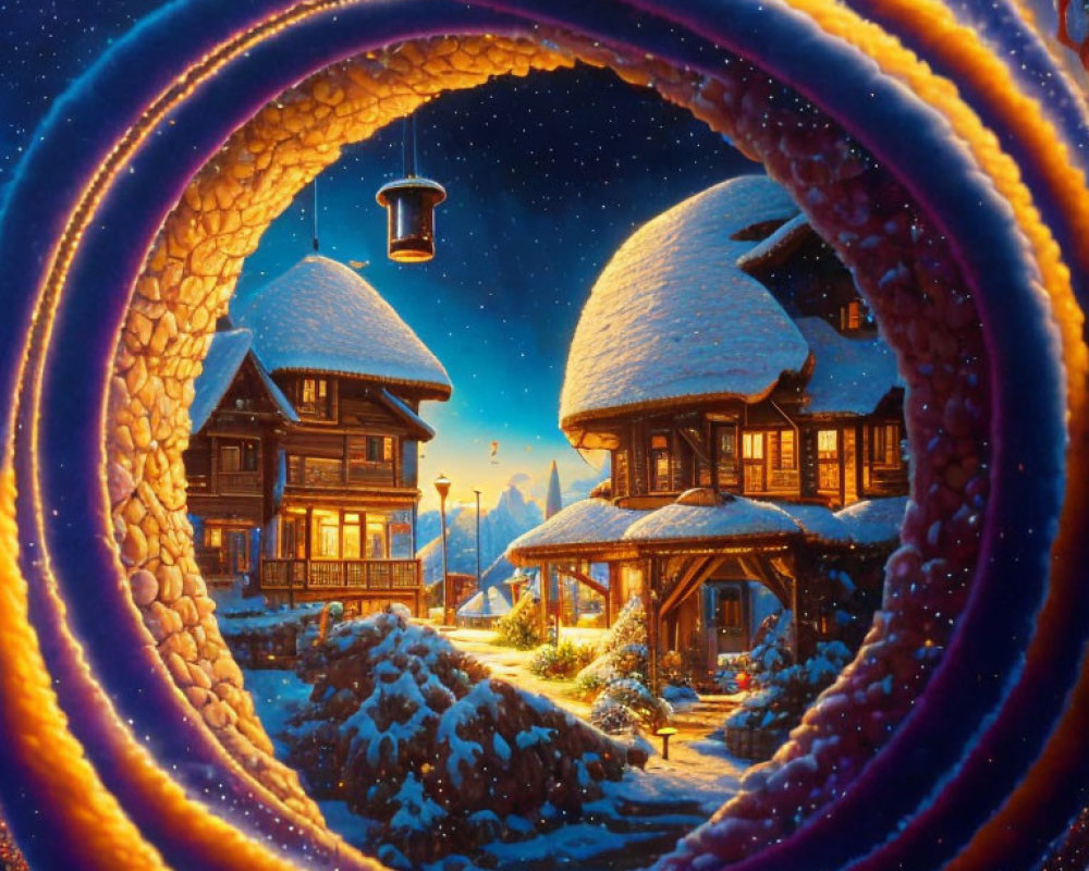 Snow-covered cottages and lantern in circular winter frame.