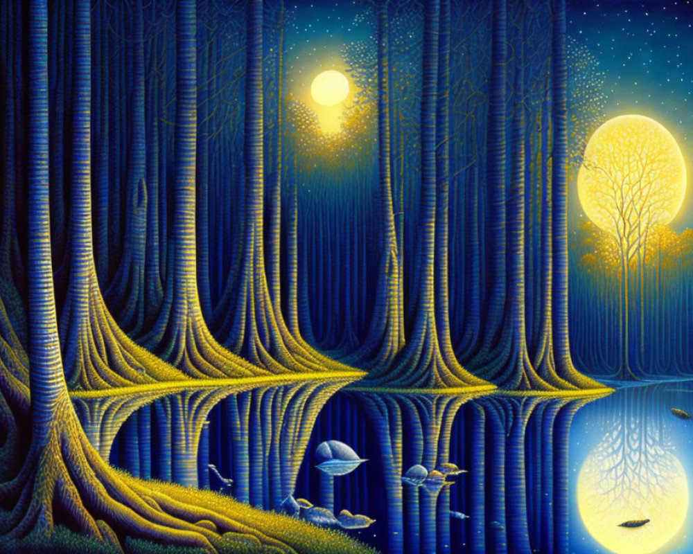 Luminous moonlit forest with glowing trees and mushrooms