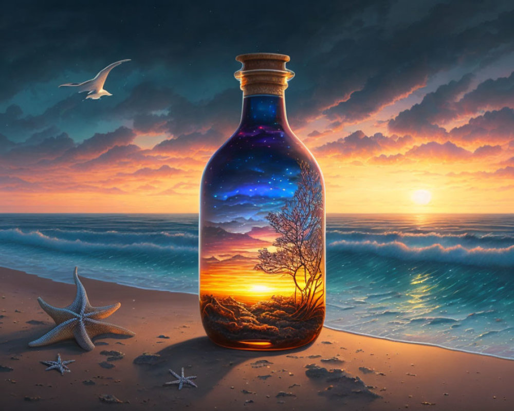 Fantastical sunset scene in a bottle on beach with starry night sky, starfish, and