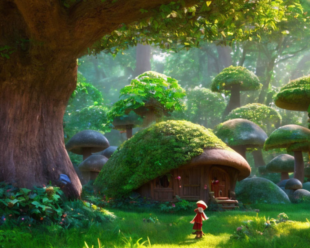 Enchanting forest scene with mushroom house and figure in red cloak