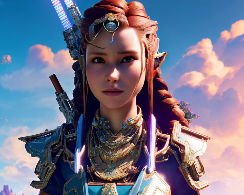 Female warrior with futuristic armor and glowing blue energy weapons under vibrant sky