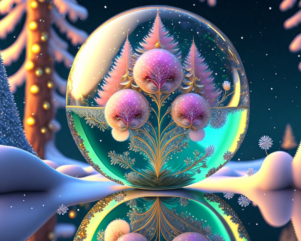 Transparent sphere with fractal trees in wintry landscape