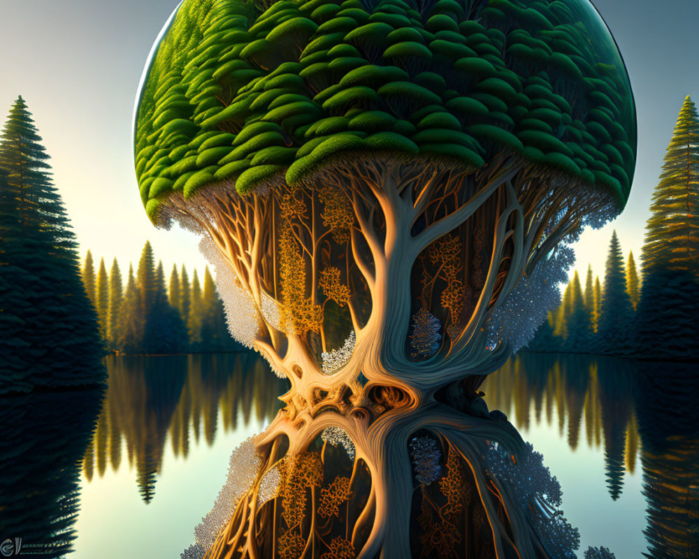 Intricate tree with neural-like branches in serene forest scene