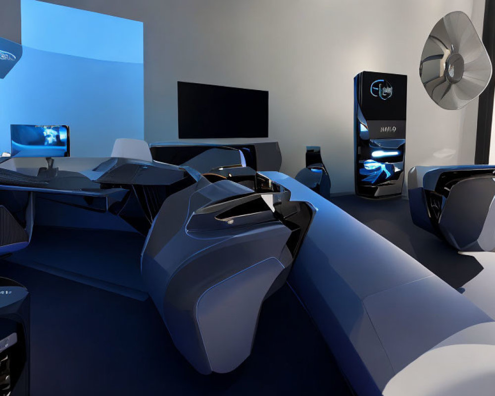 Modern gaming room with multiple screens, ergonomic chairs, ambient lighting in blue and white.