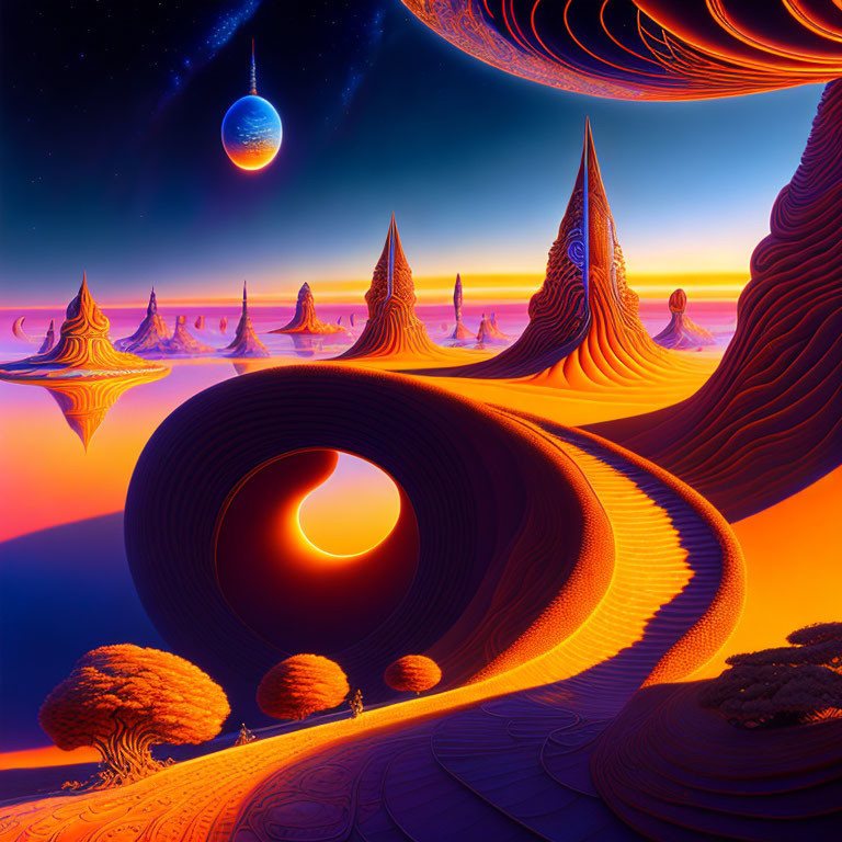 Surreal landscape with spiraling structures, glowing sun, observer, and twilight planet