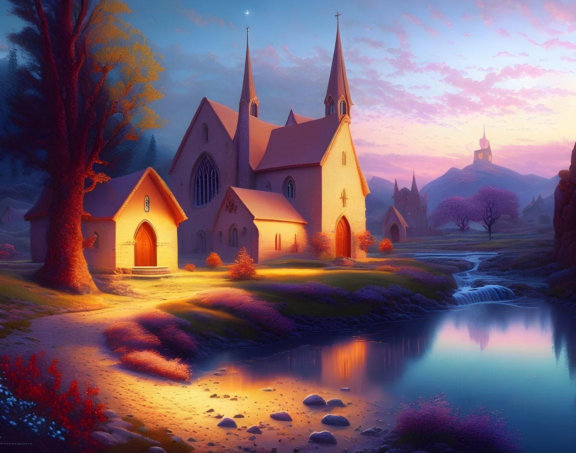 Scenic sunset view of church with twin spires by stream