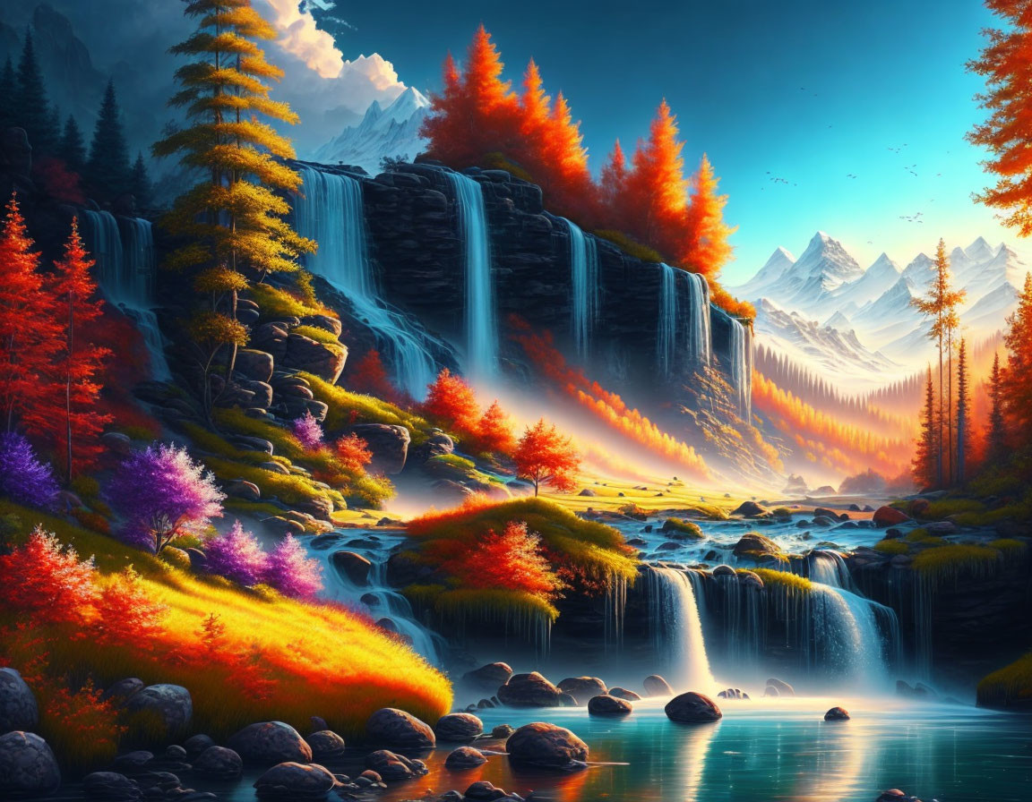 Majestic waterfall and autumn trees in vibrant landscape