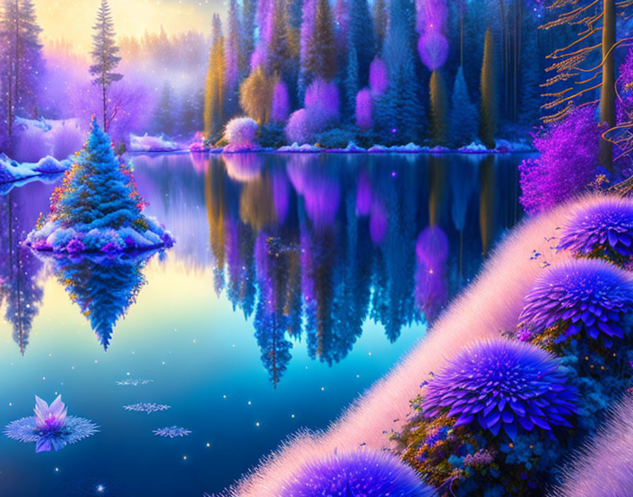 Fantastical purple flora, serene blue lake, snow-dusted trees