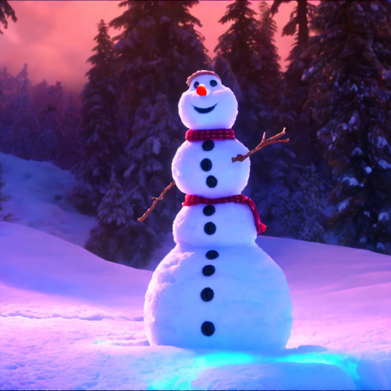 Cheerful snowman with carrot nose in twilight winter scene