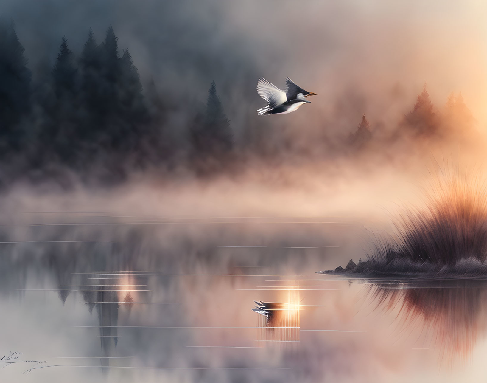 Tranquil misty landscape with bird, lake, and sunrise colors