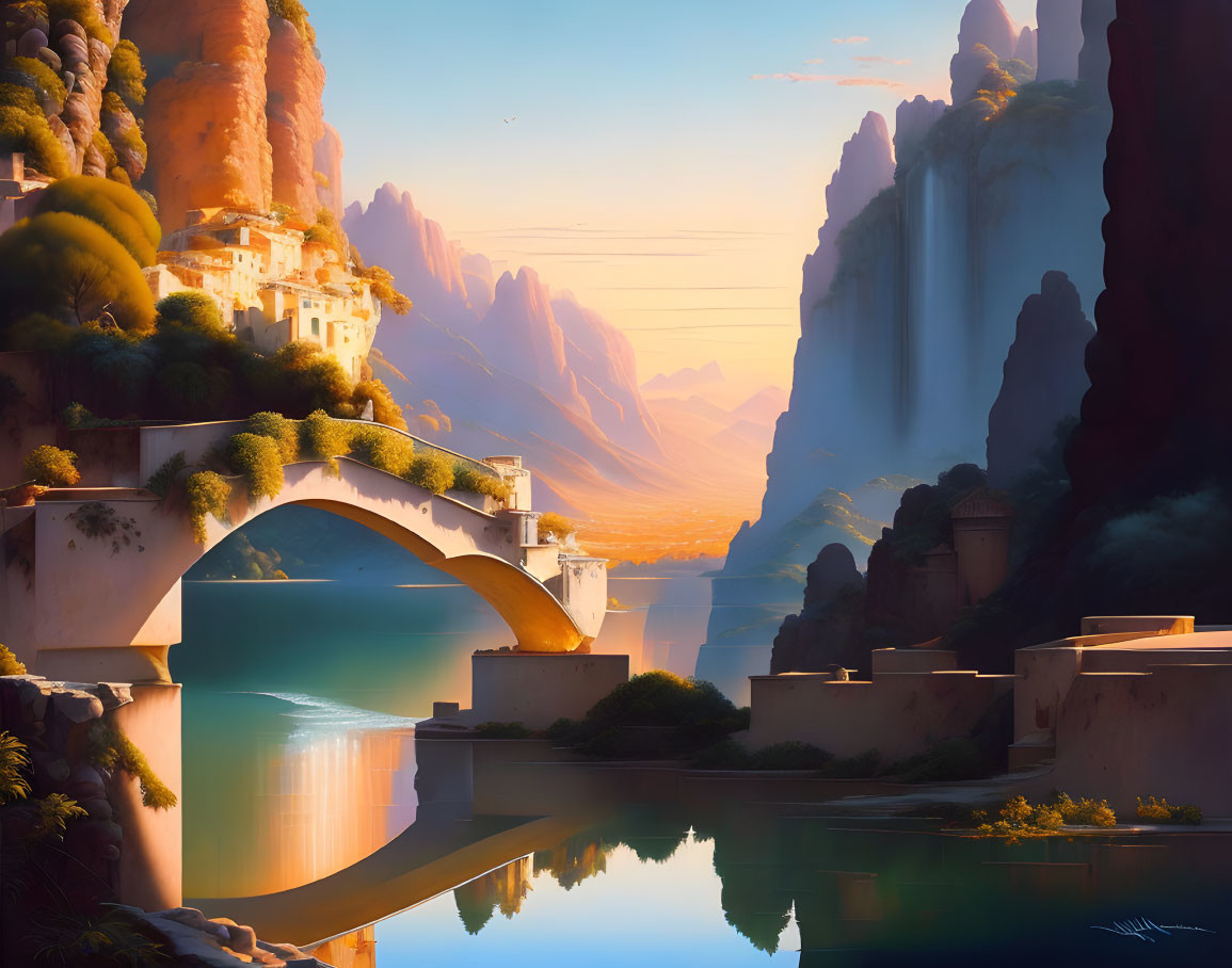 Tranquil fantasy landscape with arch bridge, river, cliffs, waterfalls, and castle