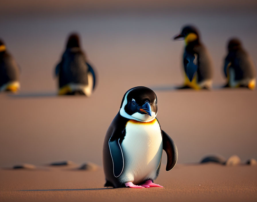 Solitary penguin close-up with blurred background on sandy surface