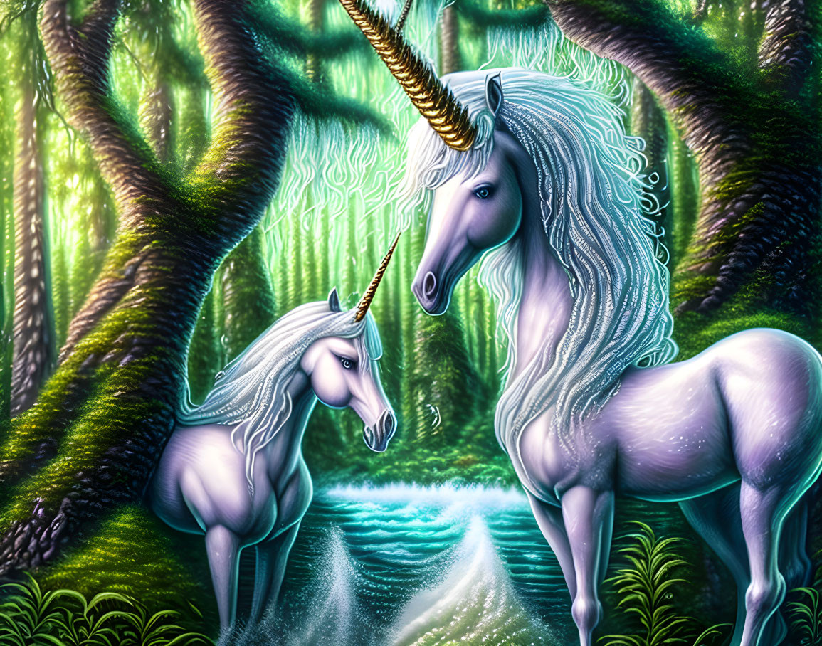 Mythical unicorns in enchanted forest with sparkling river