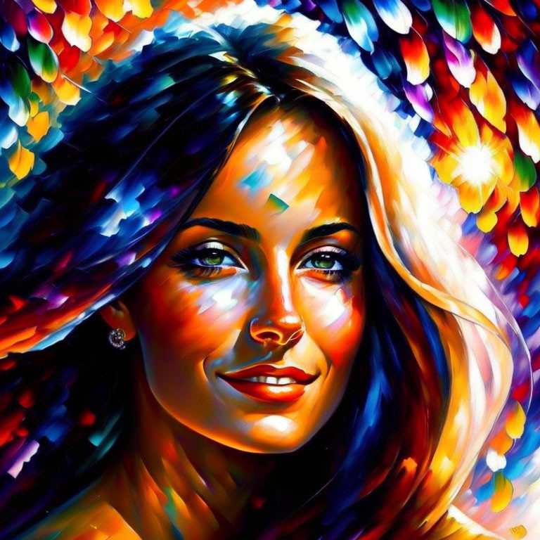 Vibrant portrait of smiling woman with colorful stained glass effect