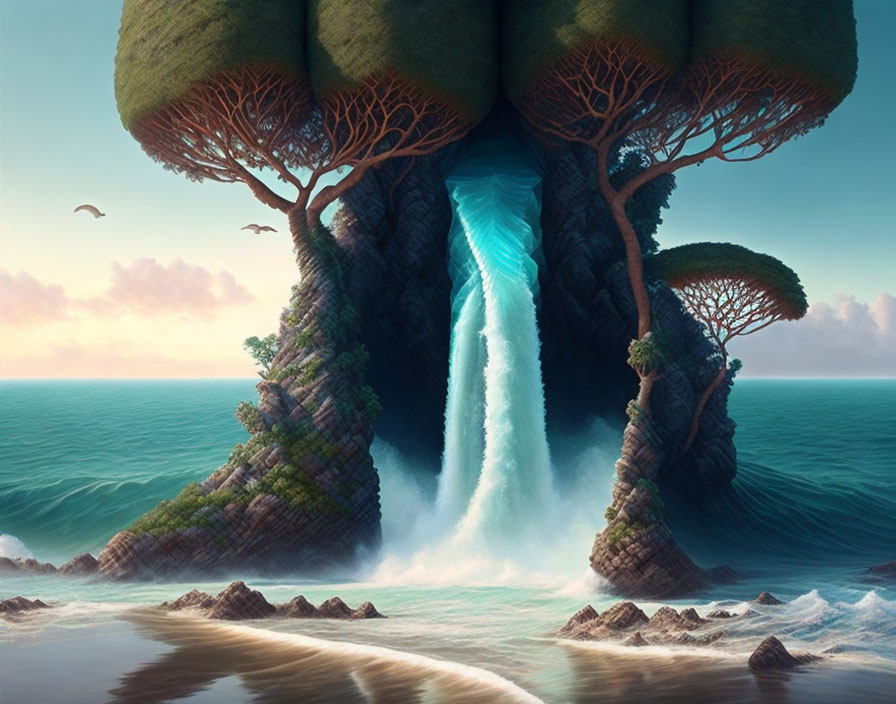 Fantasy landscape with floating rock island, waterfall, lush trees, sea, and sky