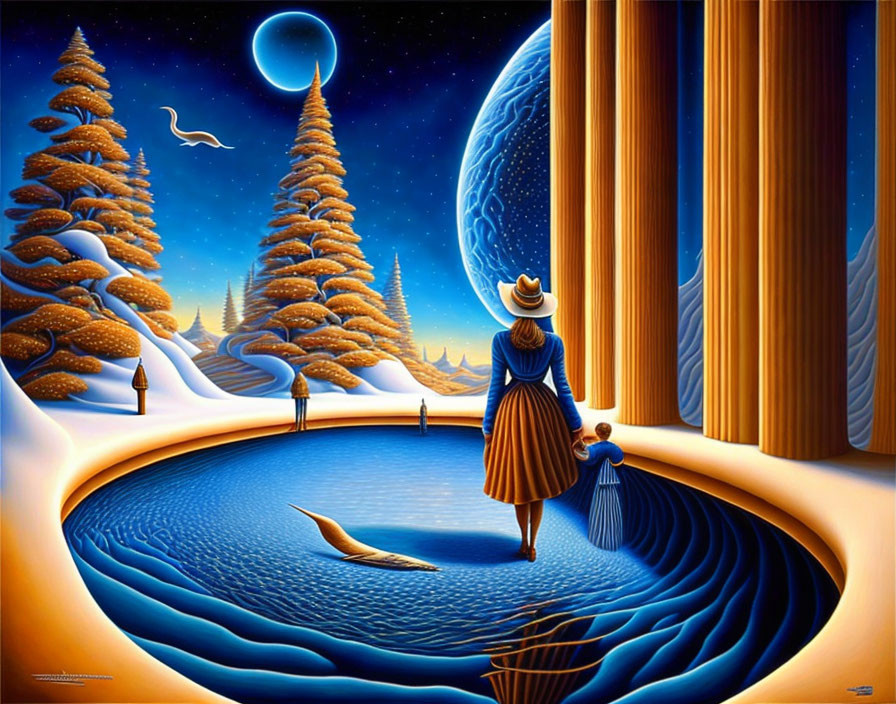 Surreal painting of woman and child by circular water body