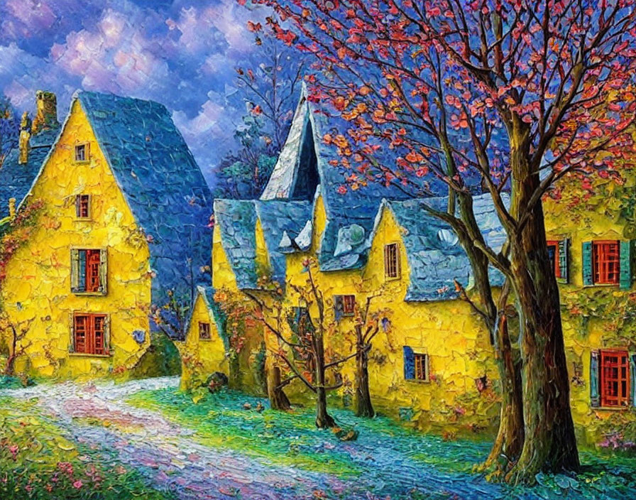 Impressionist painting of quaint village with yellow houses and flowering tree