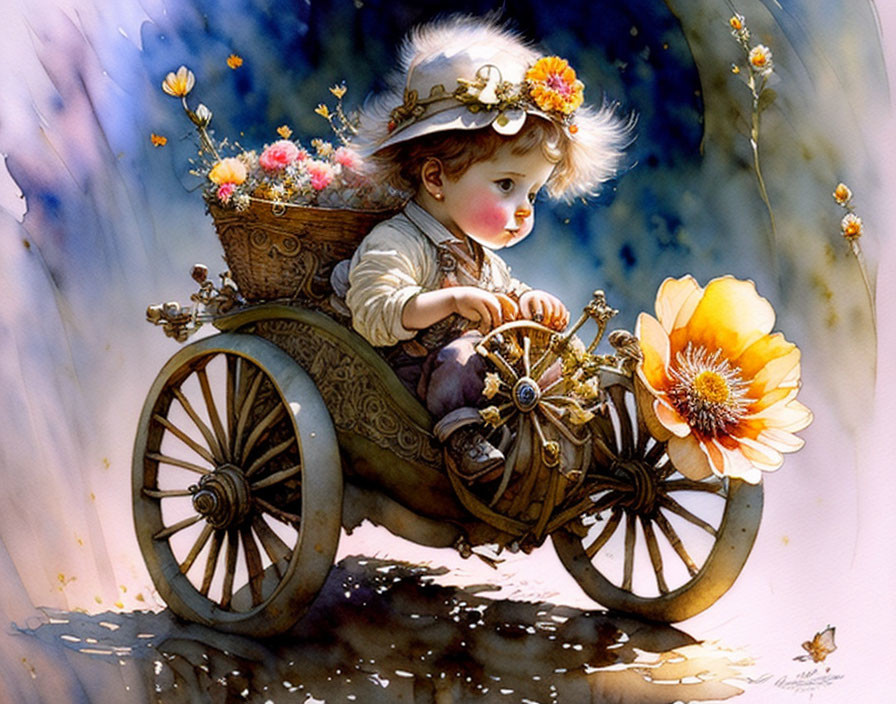 Child in vintage flower-adorned cart with blossoms: Dreamy illustration