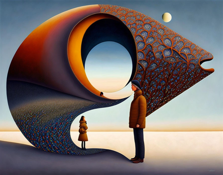 Surreal painting of two figures under wave-like structure