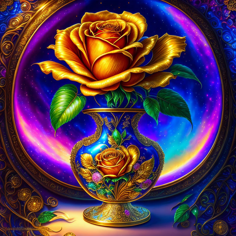 Golden rose in decorated vase on cosmic starry background with ornate details