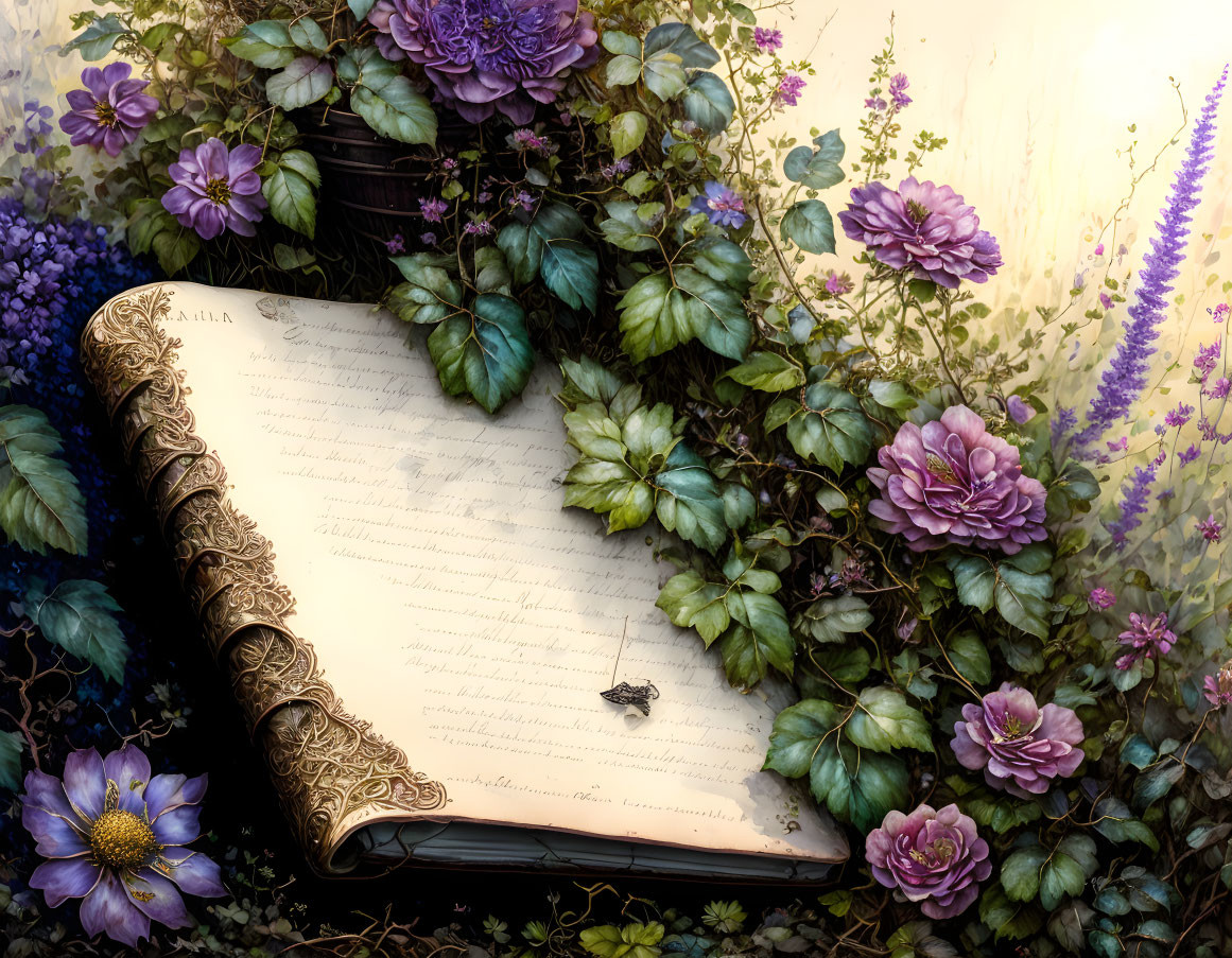 Ornate open book with key surrounded by purple flowers and green foliage