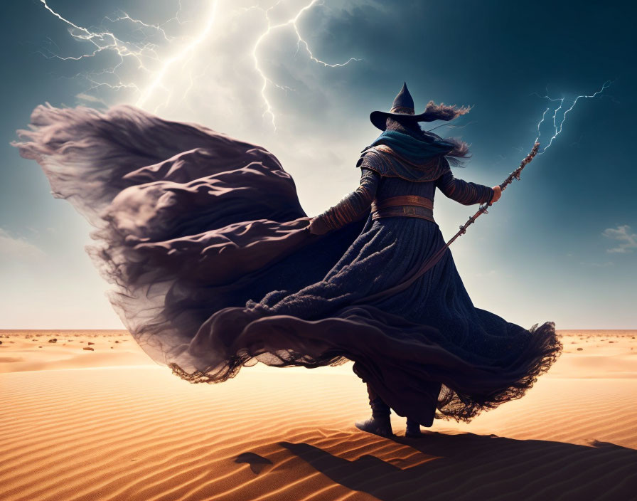 Wizard in Cloak with Staff in Desert Stormy Sky Lightning