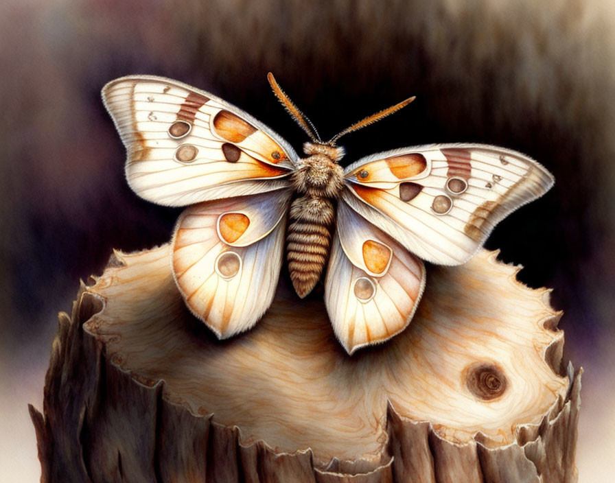 Detailed Butterfly Illustration Perched on Tree Stump