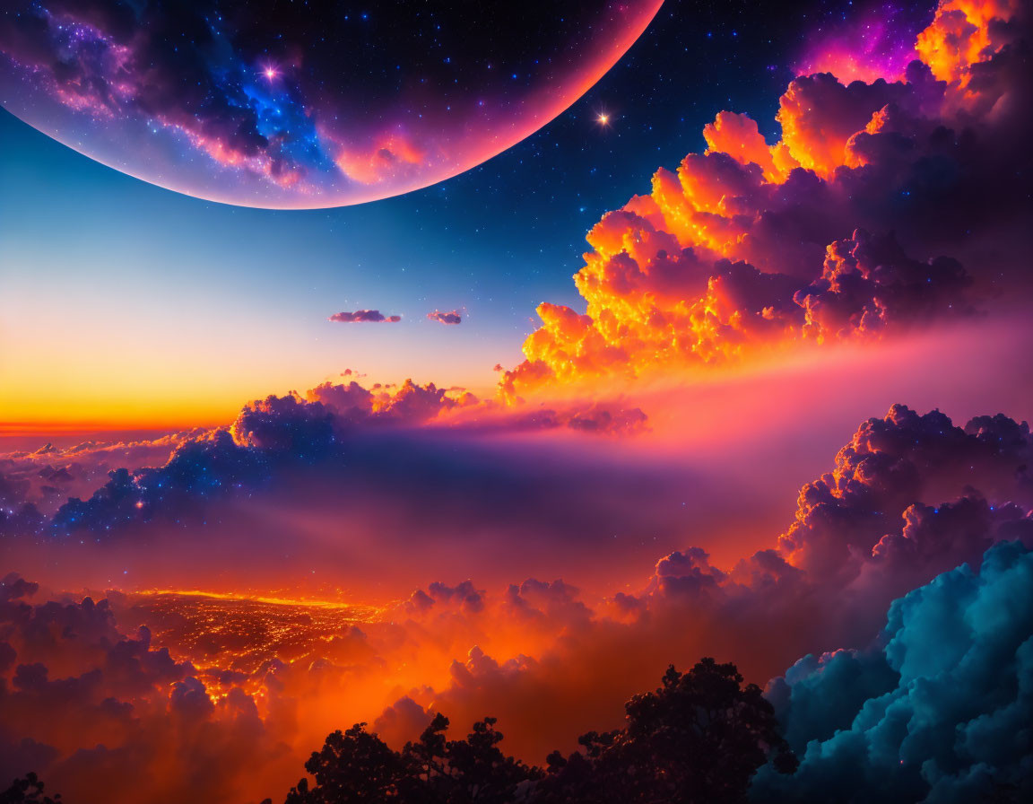 Surreal skyscape with large moon, starry sky, and vivid sunset