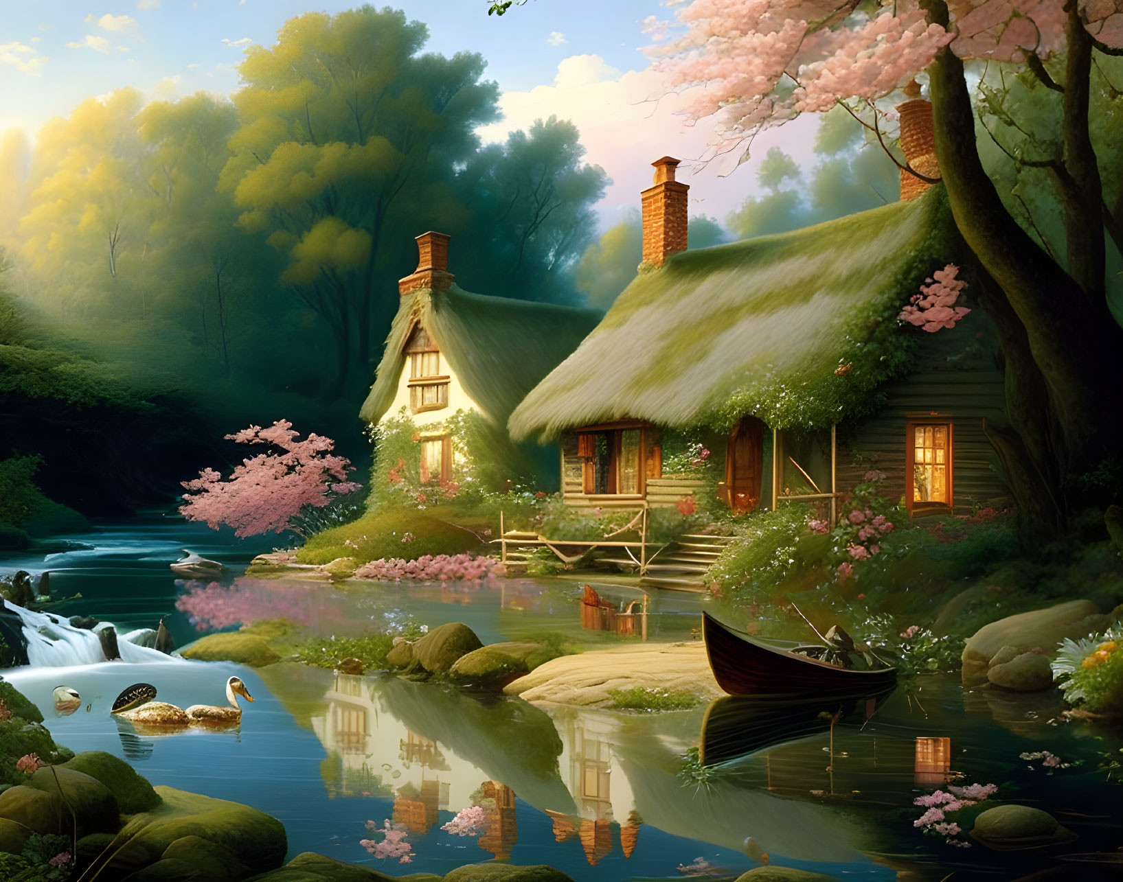 Tranquil riverside landscape with thatched cottage, blossoming trees, boat, and swans