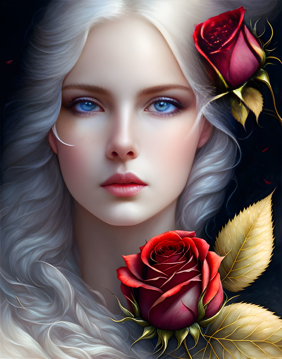 Portrait of Woman with Pale Skin, Blue Eyes, Silver Hair, Red Roses, and Golden Leaves