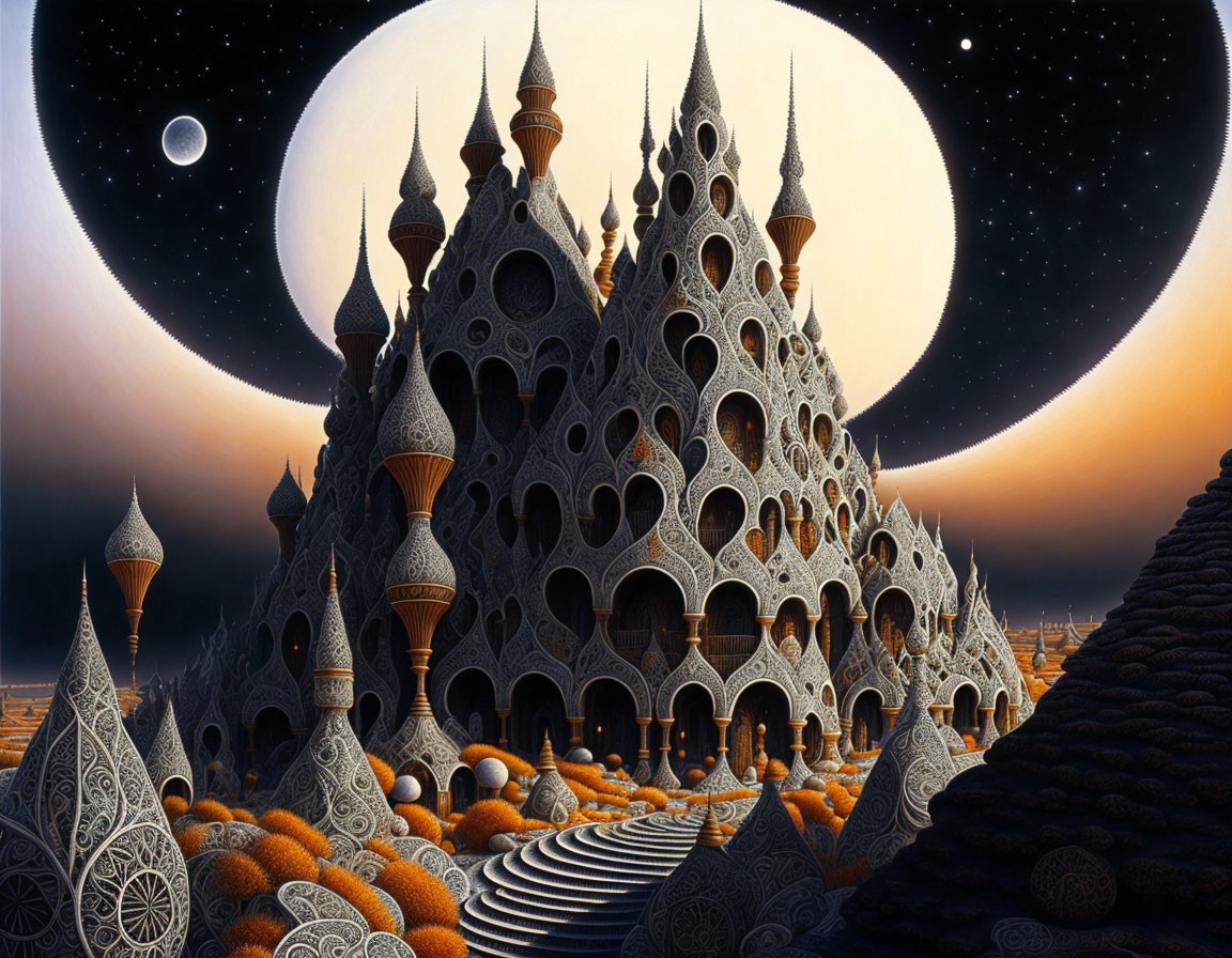 Fantastical beehive-like castle under night sky with multiple moons