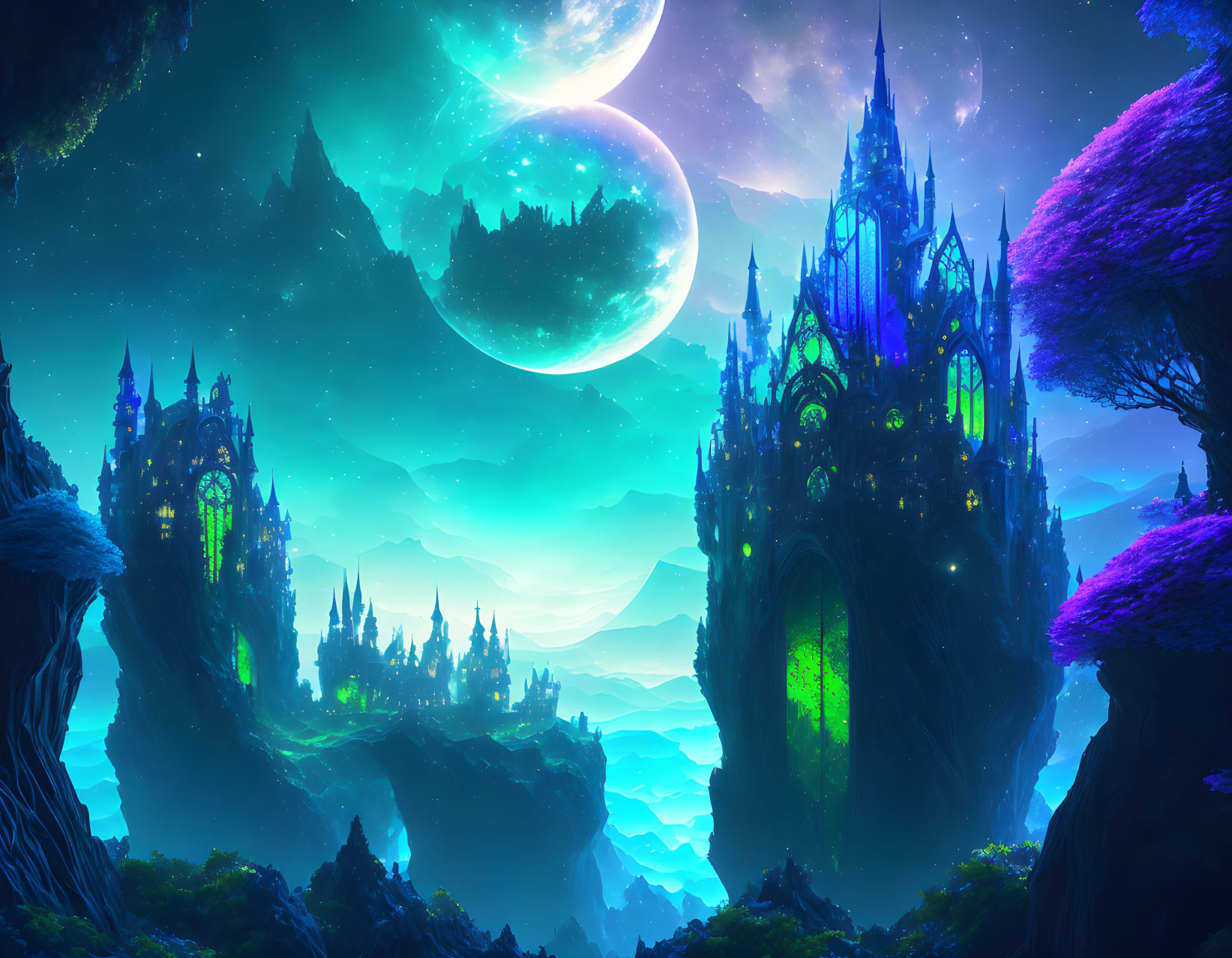 Majestic purplish-blue castles in a fantasy landscape with glowing flora