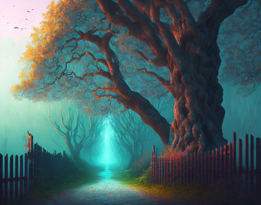 Ethereal forest path with ancient tree, wooden fence, and glowing light