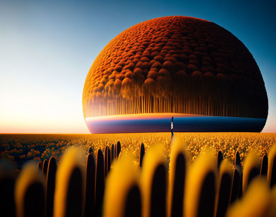 Surreal spherical object with orange fur in field of yellow flowers at sunset