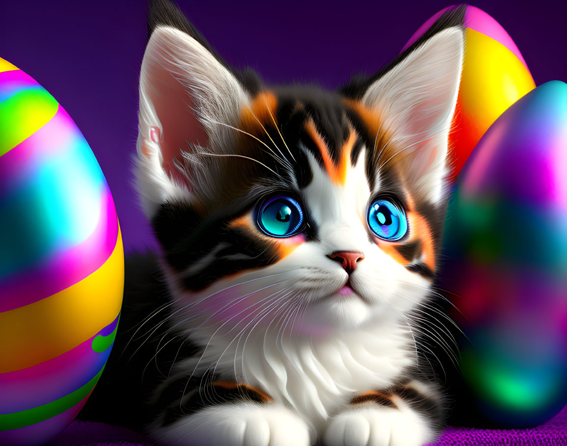 Colorful Easter-themed digital artwork featuring a wide-eyed kitten and vibrant eggs