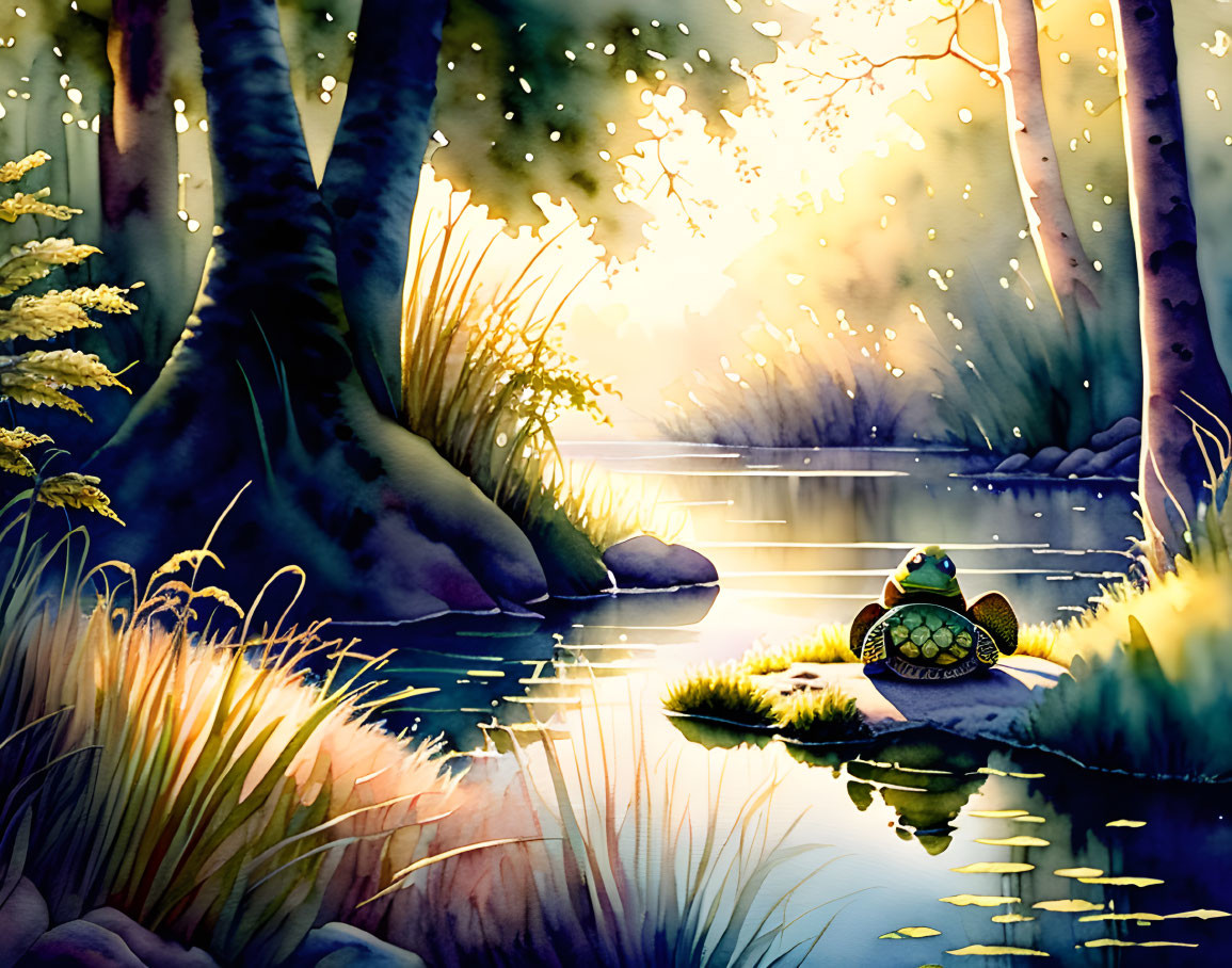 Serene forest scene with frog on lily pad by tranquil pond