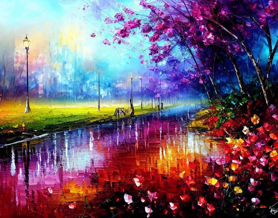 Colorful painting of blooming trees and street lamps on a wet path