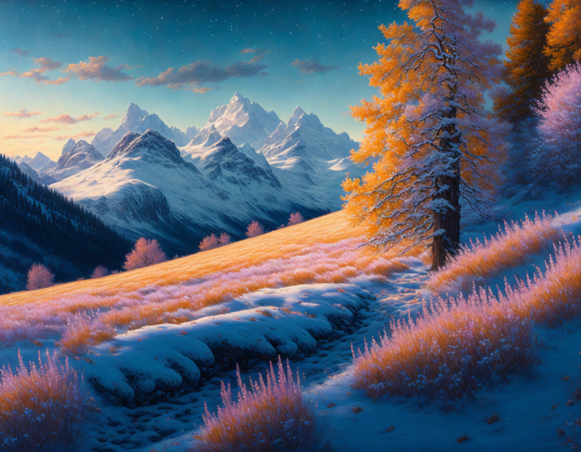 Golden-orange trees against snow-covered mountains in twilight landscape