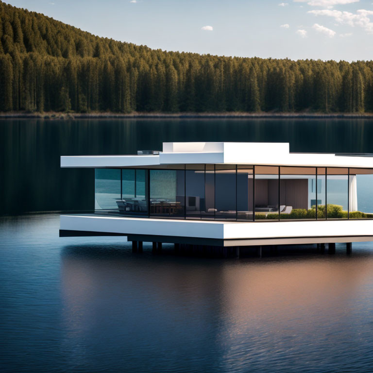 Contemporary floating house: large glass windows, flat roof, calm lake, forested hills.