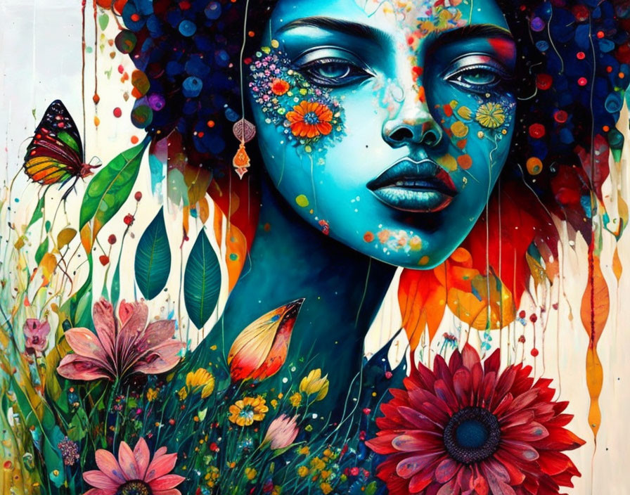 Colorful Artwork: Woman's Face with Blue Skin and Nature Elements