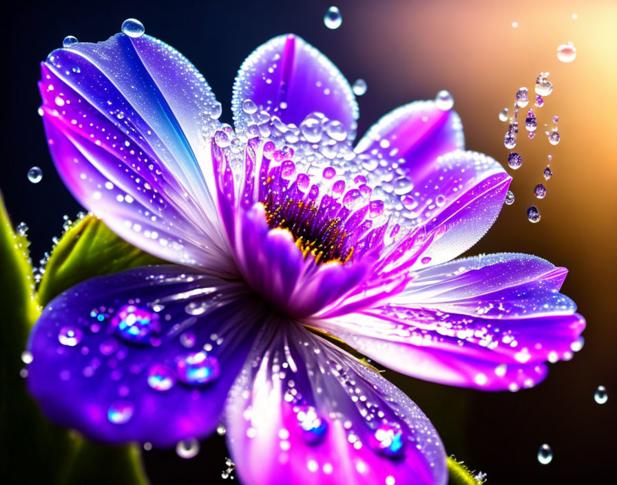 Vibrant purple flower with dewdrops on petals in soft sunlight.