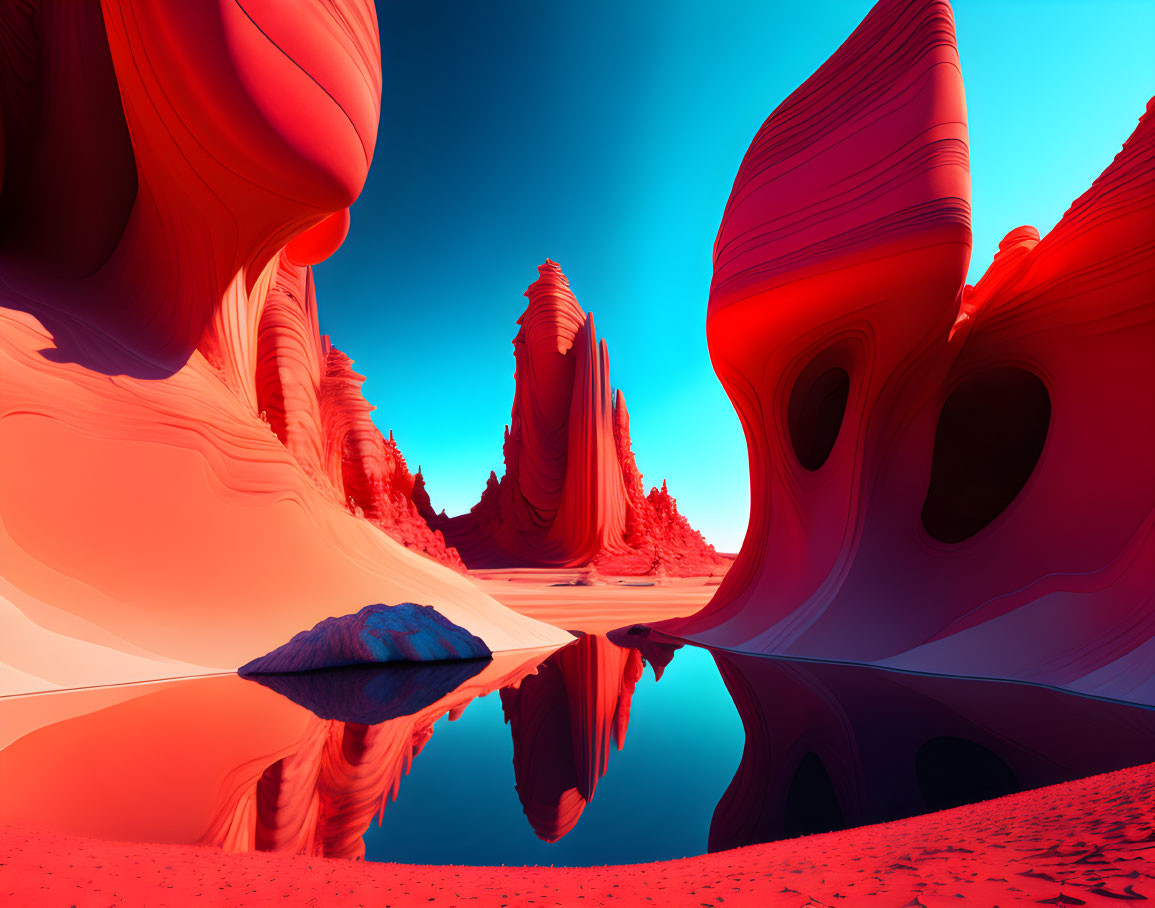 Vibrant red desert landscape with sandstone formations and still water reflections