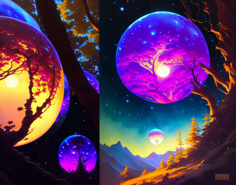 Colorful Trees and Glowing Orbs in Twilight Sci-Fi Landscape