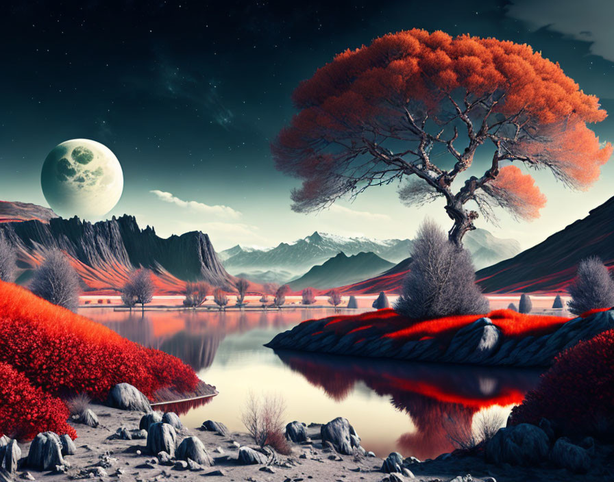 Vibrant orange foliage, large moon, mountains, reflective lake in surreal landscape