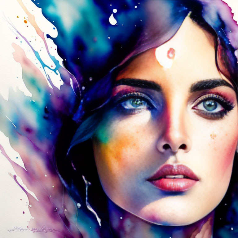 Vibrant Watercolor Painting of Woman's Face