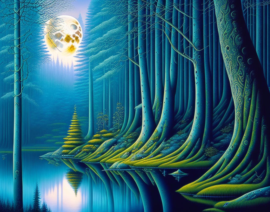 Surreal blue forest with luminous moon and tranquil reflection